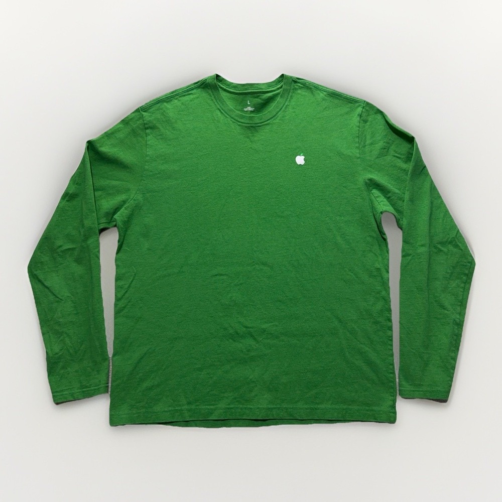 Apple Employee Long Sleeve T-Shirt Men L Green 100% Recycled Cotton Apple Logo